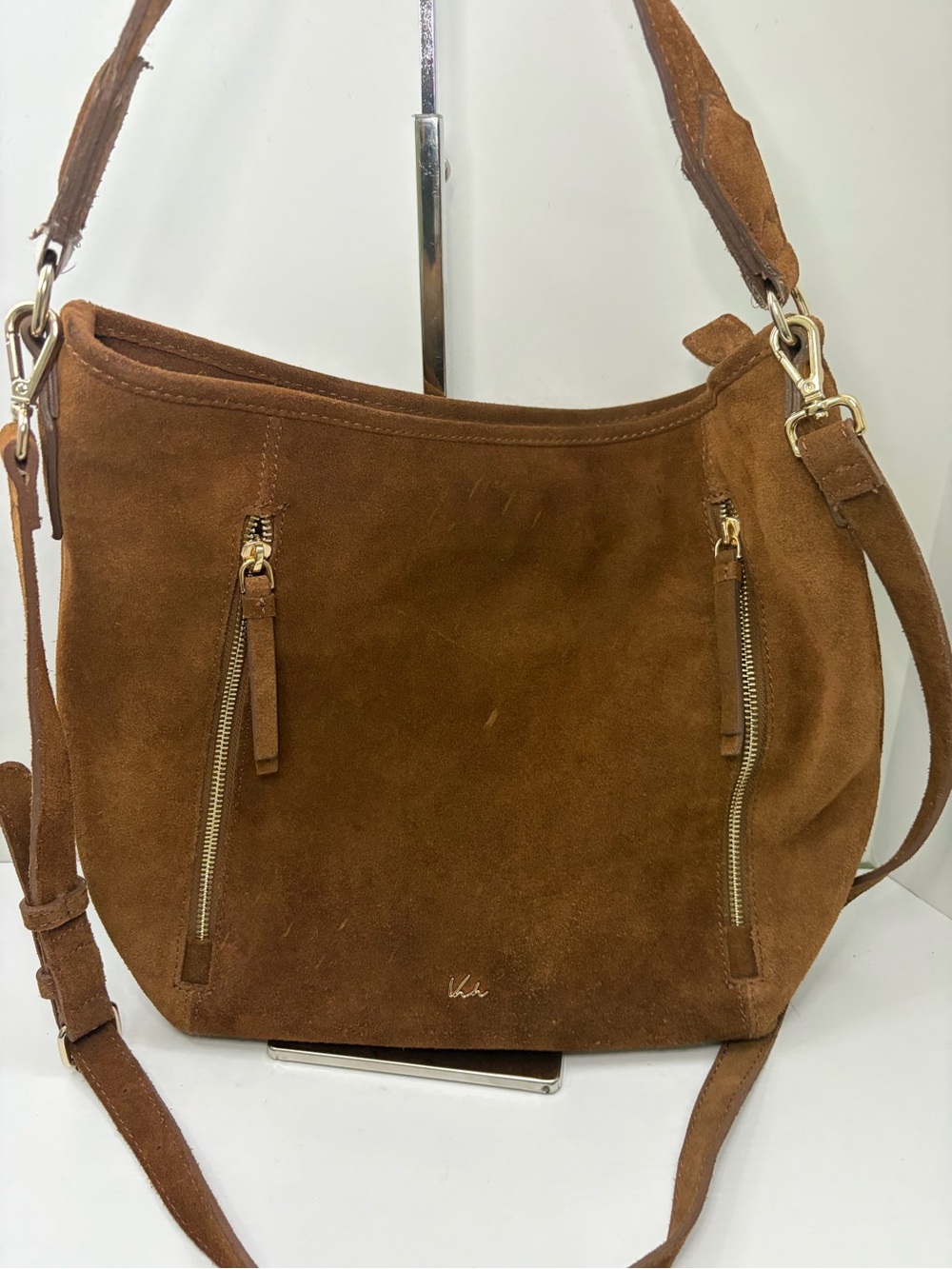 Cognac Brown Suede Leather Bohemian Hobo Crossbody Multi Gold Zipper Purse Bag